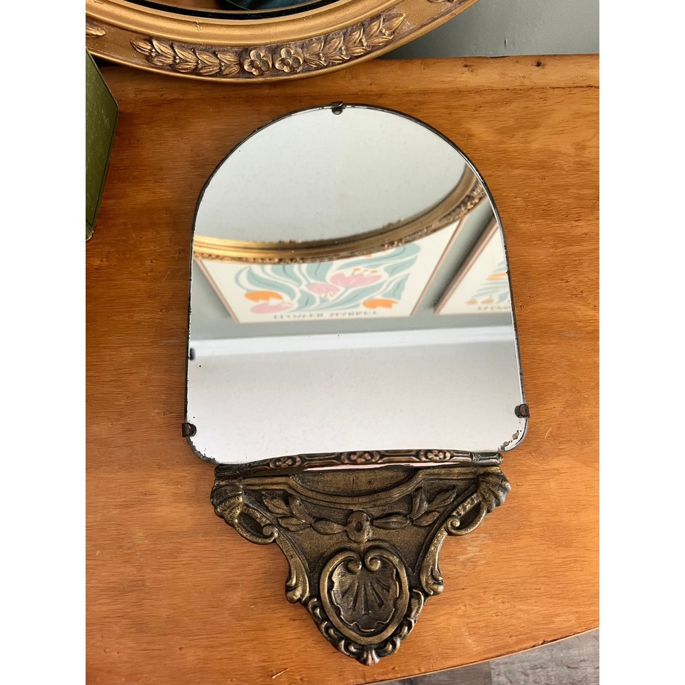 Antique Italian Frameless  Wood Carved Wall Mirror with Shelf Arched Ornate
